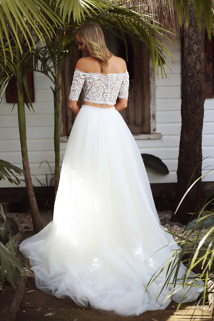 Long Wedding Dress, Detachable Wedding Dress, Off Shoulder Wedding Dress, Short Sleeve Bridal Dress, Tulle Wedding Dress, Lace Wedding Dress, Two Pieces Wedding Dress, LB0720