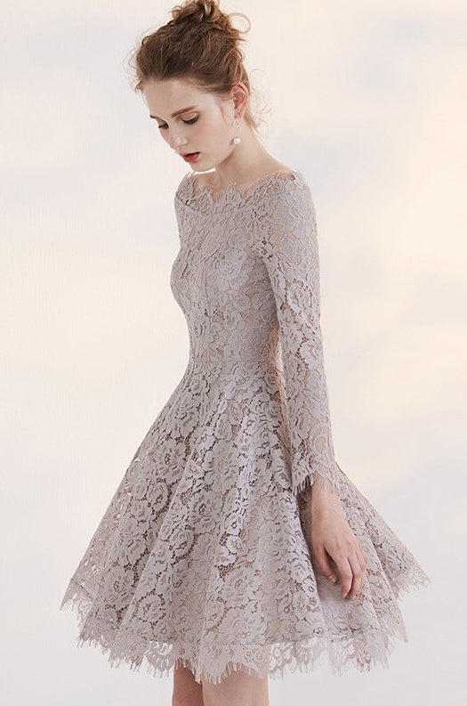 Off Shoulder Long Sleeve Lace Junior School Dress, Knee-Length Homecoming Dress, LB0723