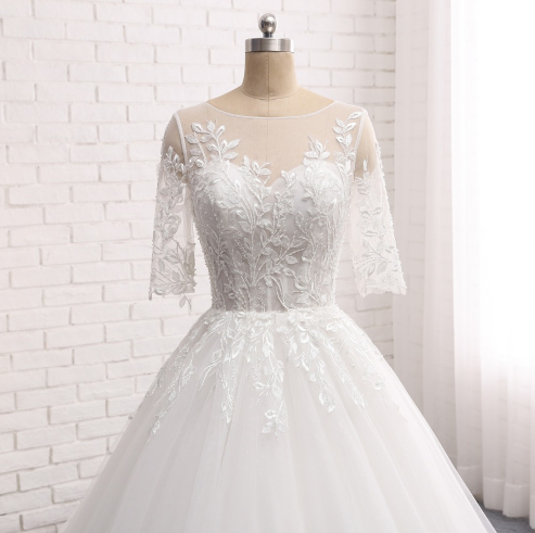 Long Wedding Dress, Short Sleeve Wedding Dress, Tulle Wedding Dress, Open-Back Bridal Dress, Charming Wedding Dress, Applique Bridal Dress, High Quality Wedding Dress, LB0728