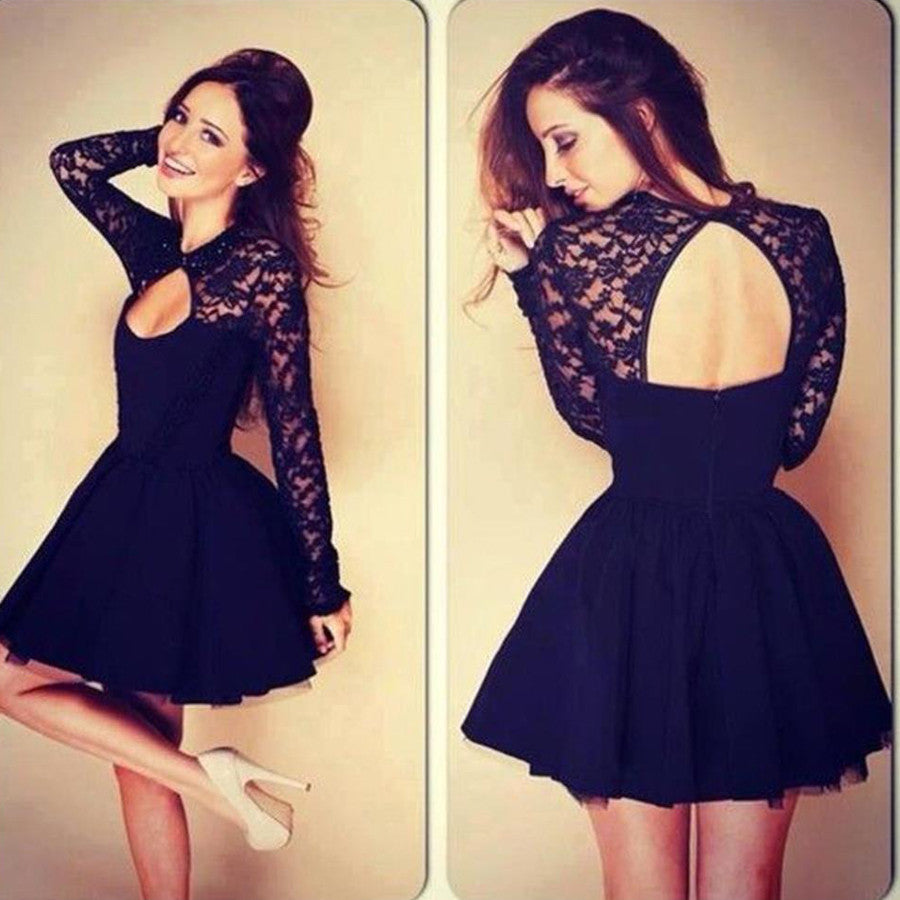 Long sleeve black tight lace sexy charming unique style homecoming prom gowns dress,BD0072