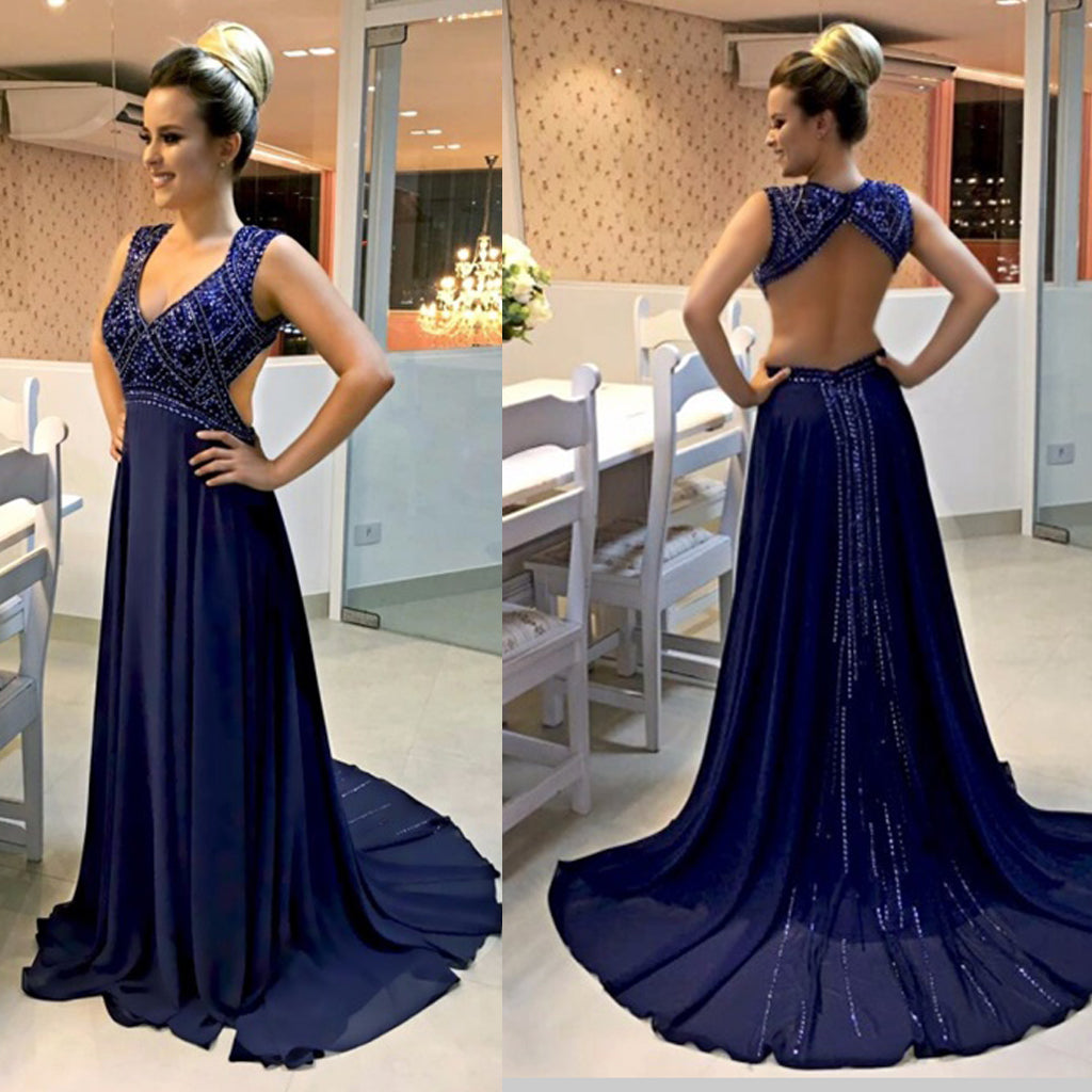 Sleeveless Chiffon Beaded Prom Dresses, Sexy Prom Dresses, Backless Prom Dresses, KX72