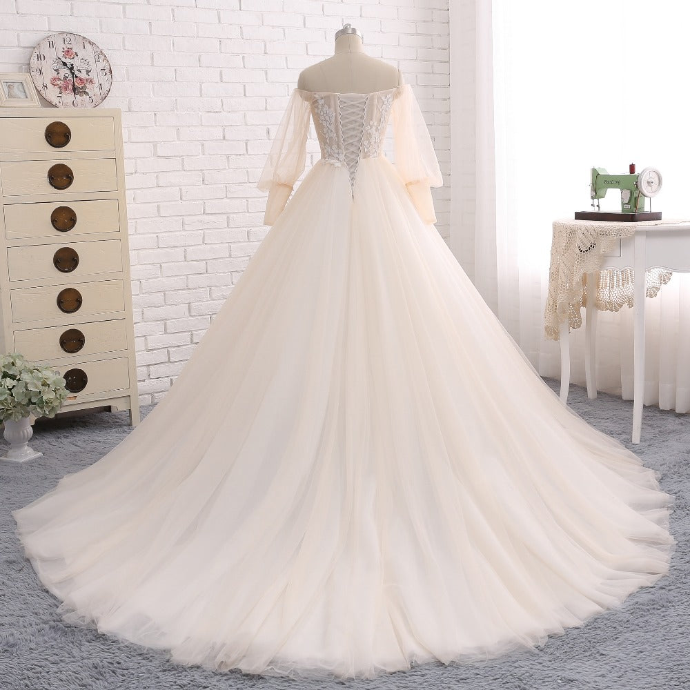 Long Sleeve Tulle Wedding Dress, Off Shoulder Charming Applique Bridal Dress, LB0732