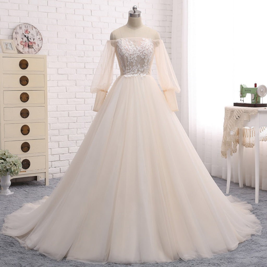 Long Sleeve Tulle Wedding Dress, Off Shoulder Charming Applique Bridal Dress, LB0732