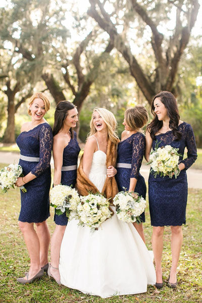 Short Bridesmaid Dress, Long Sleeve Bridesmaid Dress, Lace Bridesmaid Dress, Dress for Wedding, Knee-Length Bridesmaid Dress, One-Shoulder Bridesmaid Dress, LB0734