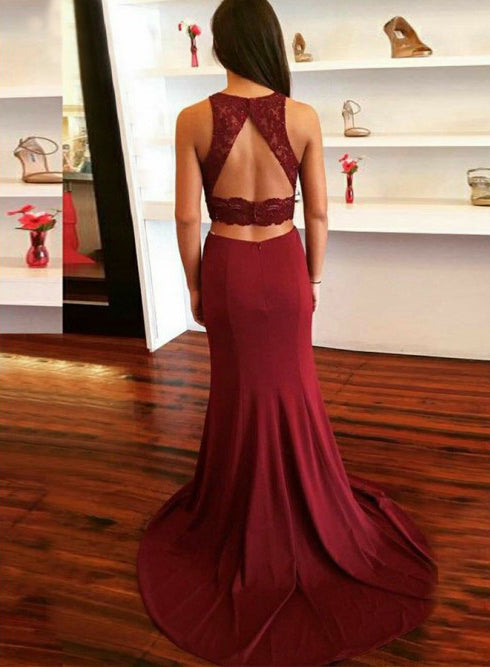 Sexy Mermaid Two Pieces Prom Dress, Sleeveless Open-Back Lace Top Prom Dress, KX735