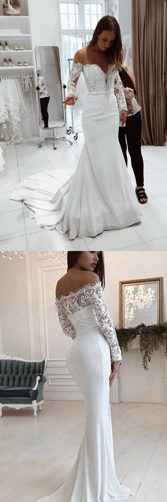 Gorgrous Off Shoulder Mermaid Wedding Dresses, Lace Top Long Sleeve Tulle Bridal Gown, KX750