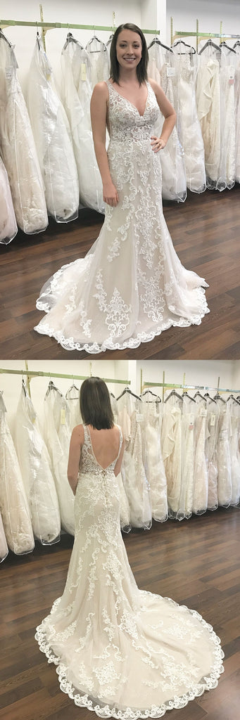 Best Sale V-Neck Lace Long A-Line Sexy Backless Tulle Wedding Dresses, KX752