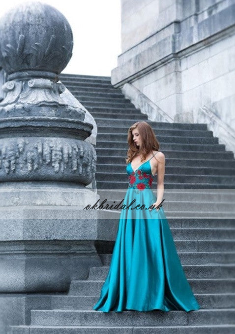 V-Neck Prom Dress, Satin Prom Dress, A-Line Prom Dress, Applique Prom Dress, Sexy Prom Dress, Spaghetti Straps Prom Dress, KX75