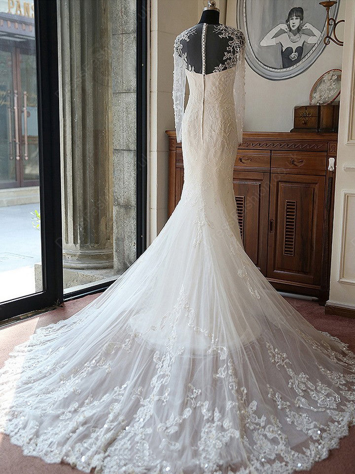 Long Wedding Dress, Applique Wedding Dress, Tulle Wedding Dress, Long Sleeve Bridal Dress, Beading Wedding Dress, Custom Made Wedding Dress, Vintage Wedding Dress, LB0760