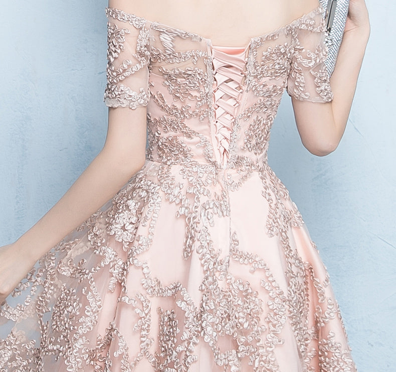 Off Shoulder Short Sleeve Homecoming Dress, Tulle High-Low Applique Homecoming Dress, LB0771