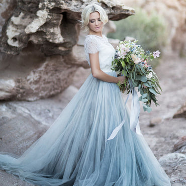 Tulle Wedding Dress, Lace Short Sleeve Bridal Dress, Vintage Floor-Length Wedding Dress, LB0776