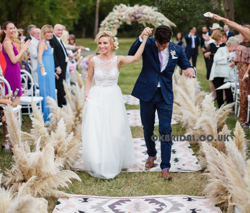 Charming Long Lace Top A-Line Wedding Dress, Tulle Round Neckline Backless Wedding Dress, KX785