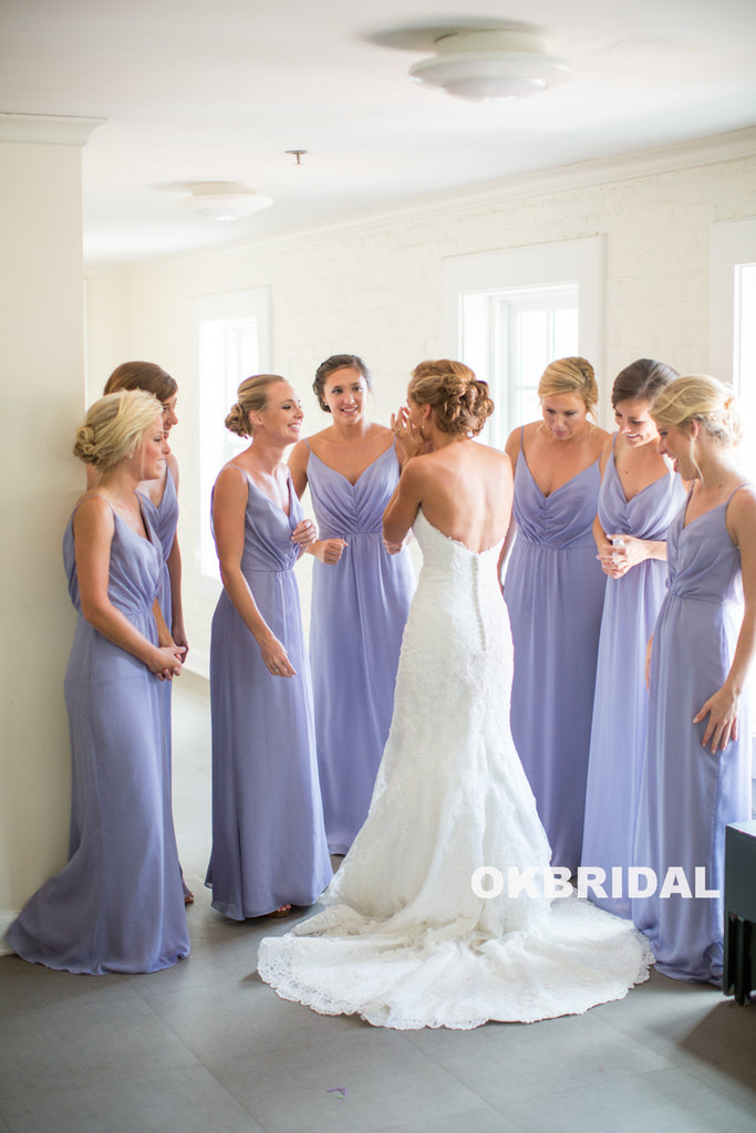 Cheap V-Neck Chiffon Bridesmaid Dress, Spaghetti Straps V-Back Bridesmaid Dress, KX787