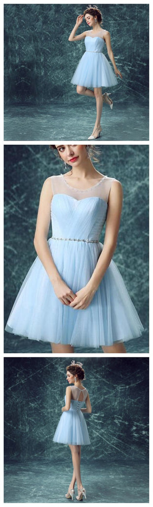 Light Blue Illusion Tulle Cute homecoming prom dresses, CM0017