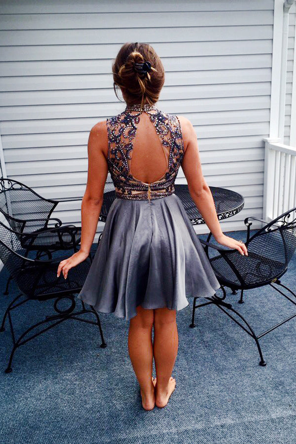 Grey Beaded Top Backless Homecoming Dresses, Open-Back Elastic Satin Homecoming Dresses, KX934-1