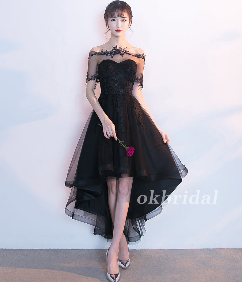 High-Low Tulle Unique Homecoming Dress, Applique Sweet Heart Black Homecoming Dress, LB0854