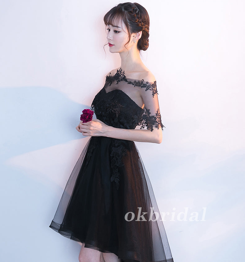 High-Low Tulle Unique Homecoming Dress, Applique Sweet Heart Black Homecoming Dress, LB0854