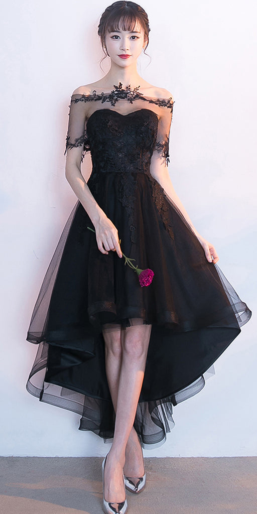 High-Low Tulle Unique Homecoming Dress, Applique Sweet Heart Black Homecoming Dress, LB0854