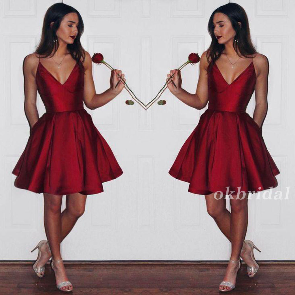 Spaghetti Straps Homecoming Dress, Taffeta Homecoming Dress, V-Neck Homecoming Dress, Simple Junior School Dress, LB0877