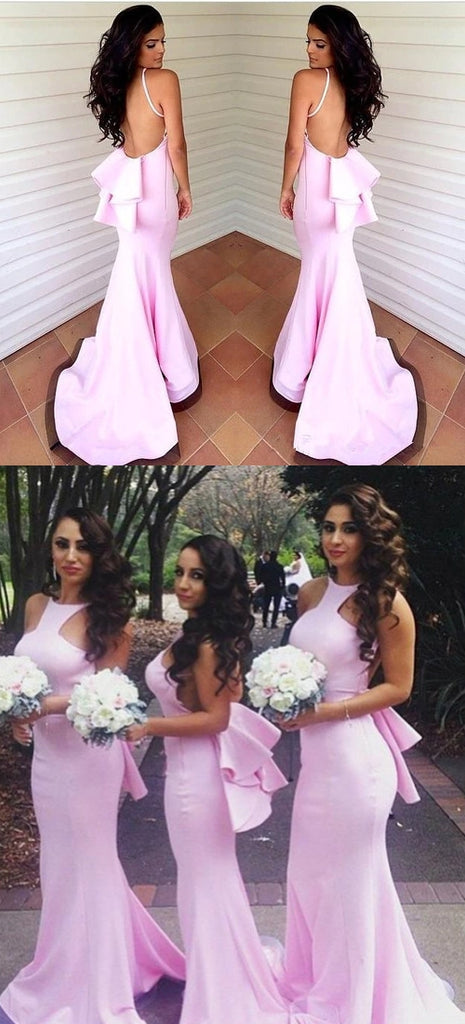 Pink Spaghetti Straps Mermaid Jersey Backless Floor-Length Bridesmaid Dress, FC892