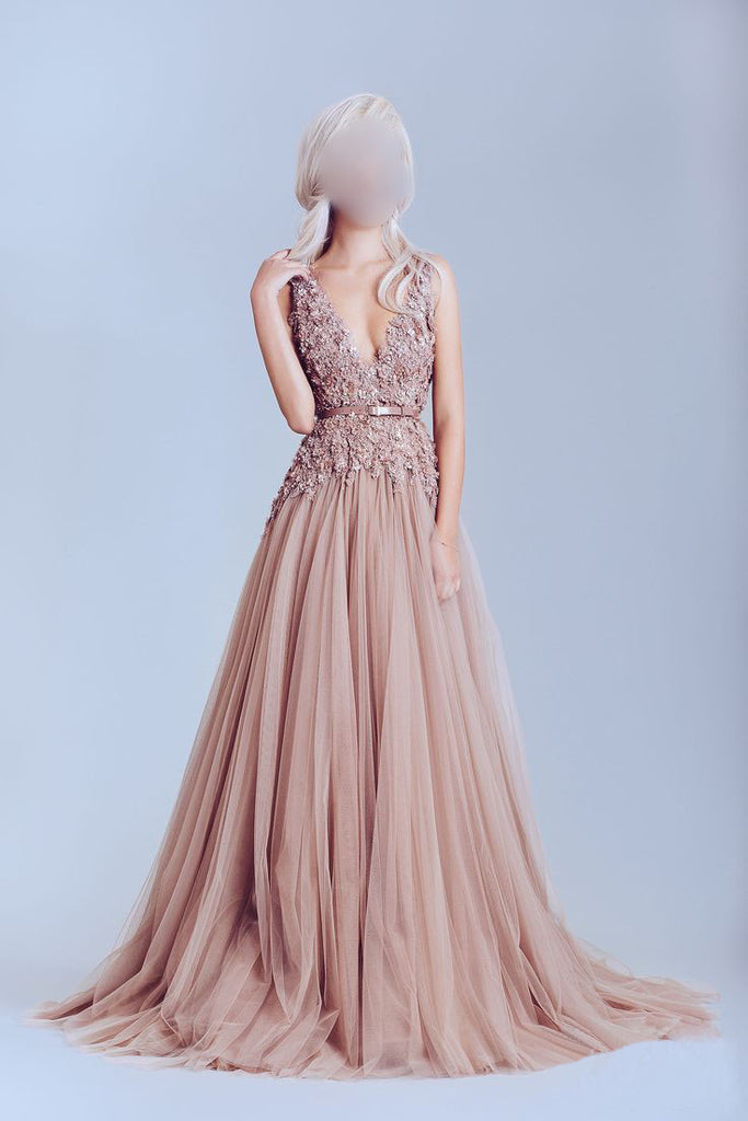 Deep V Neckline Lace prom Dresses, Dusty pink prom Dress, A line Evening Prom Dress, Sexy Party Prom Dress, 17009