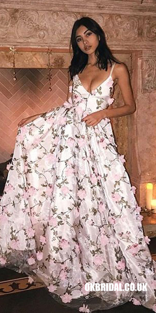 Charming Floral V-Neck Prom Dresses, Spaghetti Straps Backless Prom Dresses, KX900