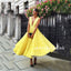 Deep V-Neck Homecoming Dress, Lace Yellow Homecoming Sleeveless Junior School Dress, V-Back Homecoming Dress, LB0915