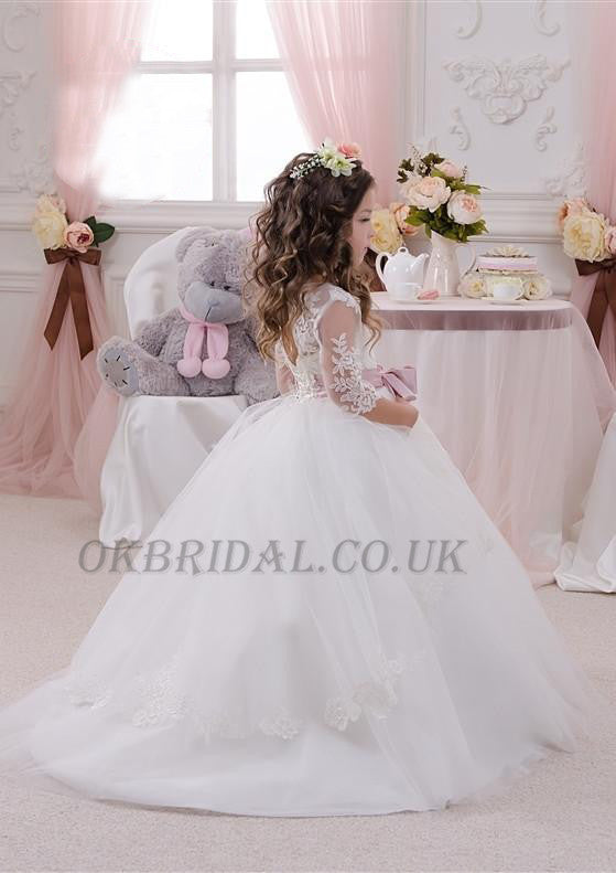 Long Sleeve Tulle Lace Popular Flower Girl Dresses, Cheap Little Girl Dresses, KX91