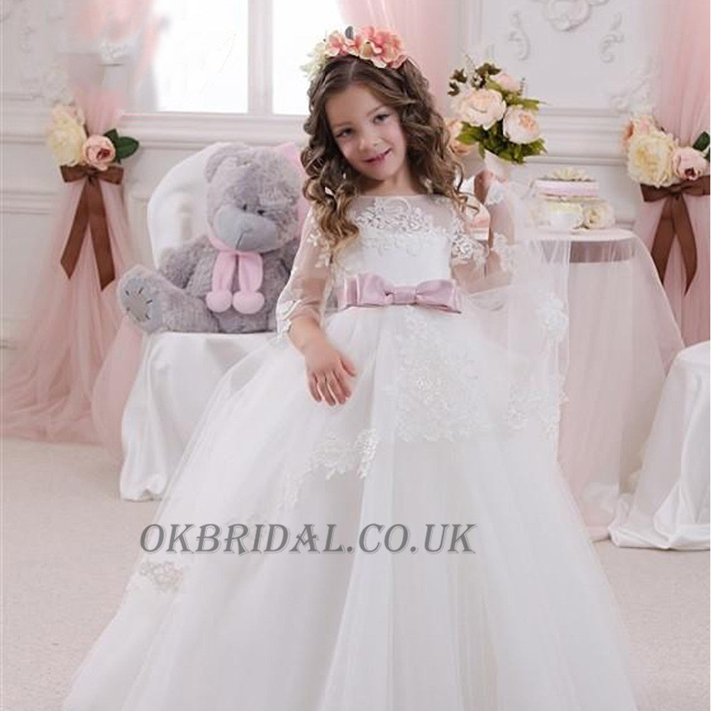 Long Sleeve Tulle Lace Popular Flower Girl Dresses, Cheap Little Girl Dresses, KX91