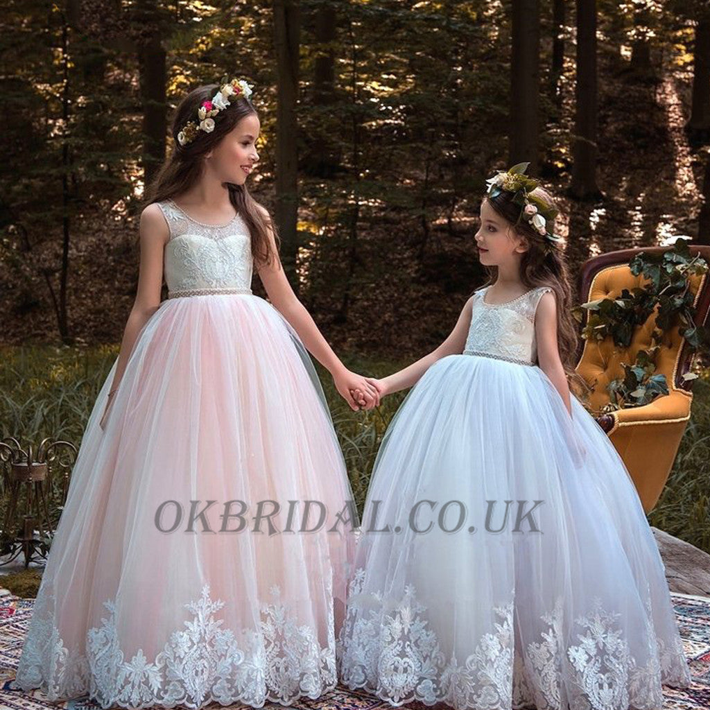 Round Neckline Lace Top Tulle Popular Applique Flower Girl Dresses, Cheap Little Girl Dresses,  KX92