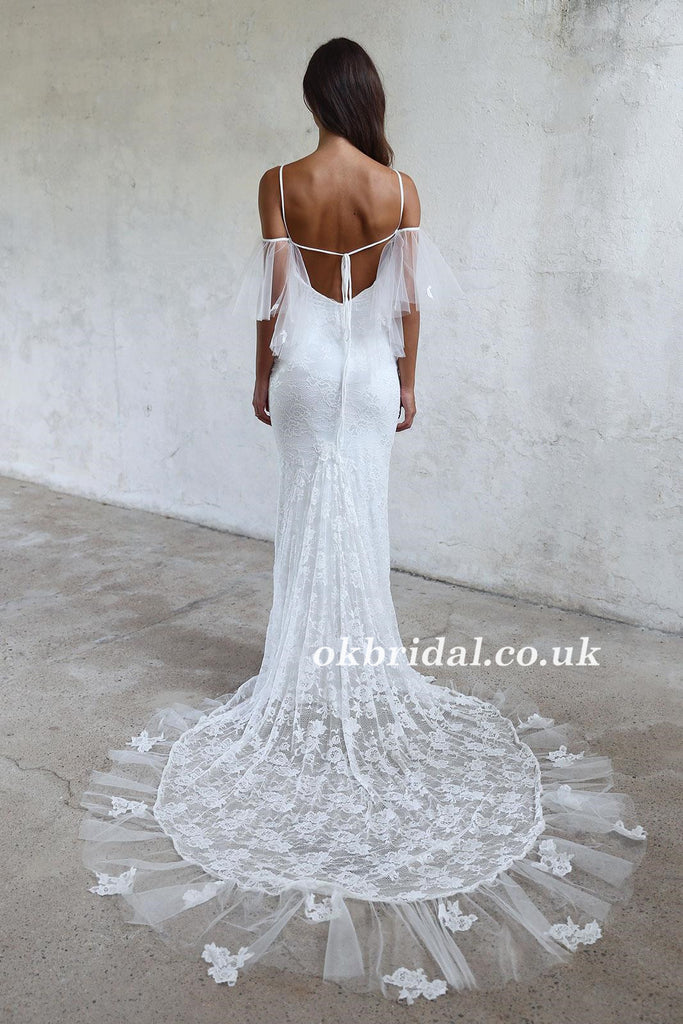 Spaghetti Straps Lace Wedding Dress, Off Shoulder Tulle Backless Wedding Dress, LB0940