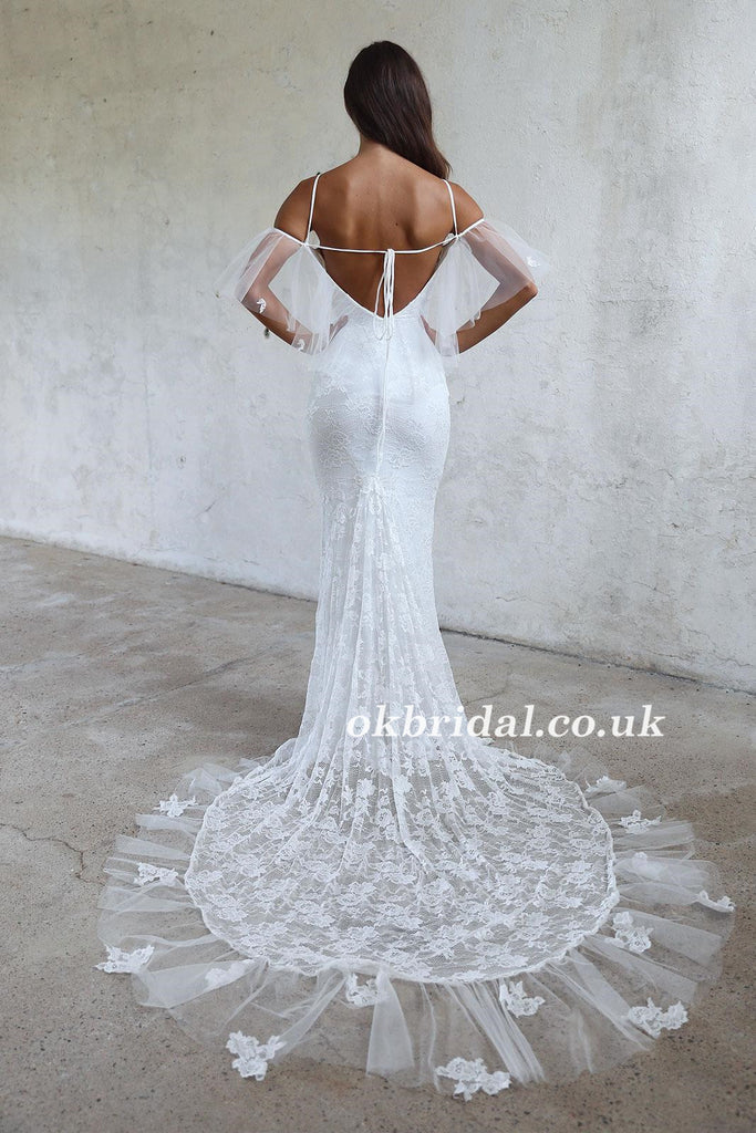 Spaghetti Straps Lace Wedding Dress, Off Shoulder Tulle Backless Wedding Dress, LB0940