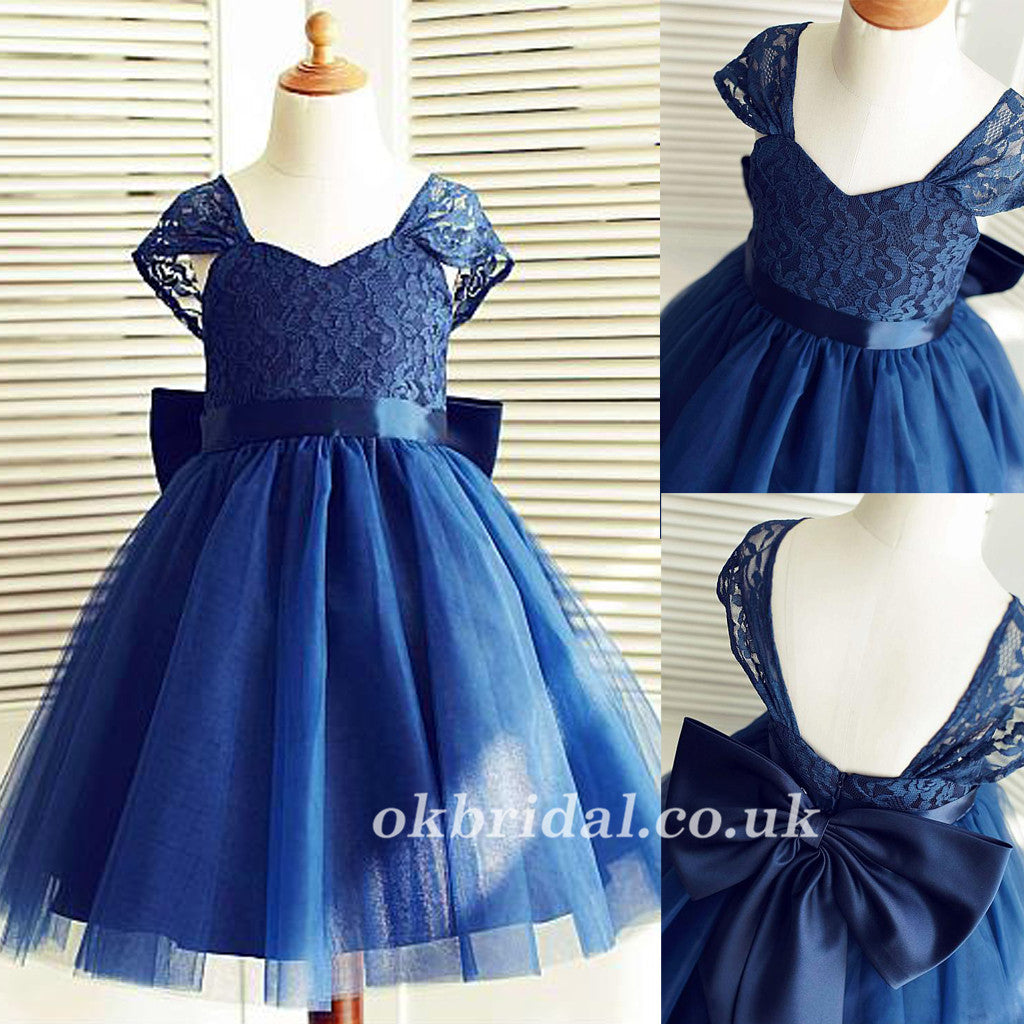 Navy Blue Lace Top Tulle Popular Flower Girl Dresses, Cheap Little Girl Dresses,  LB0955