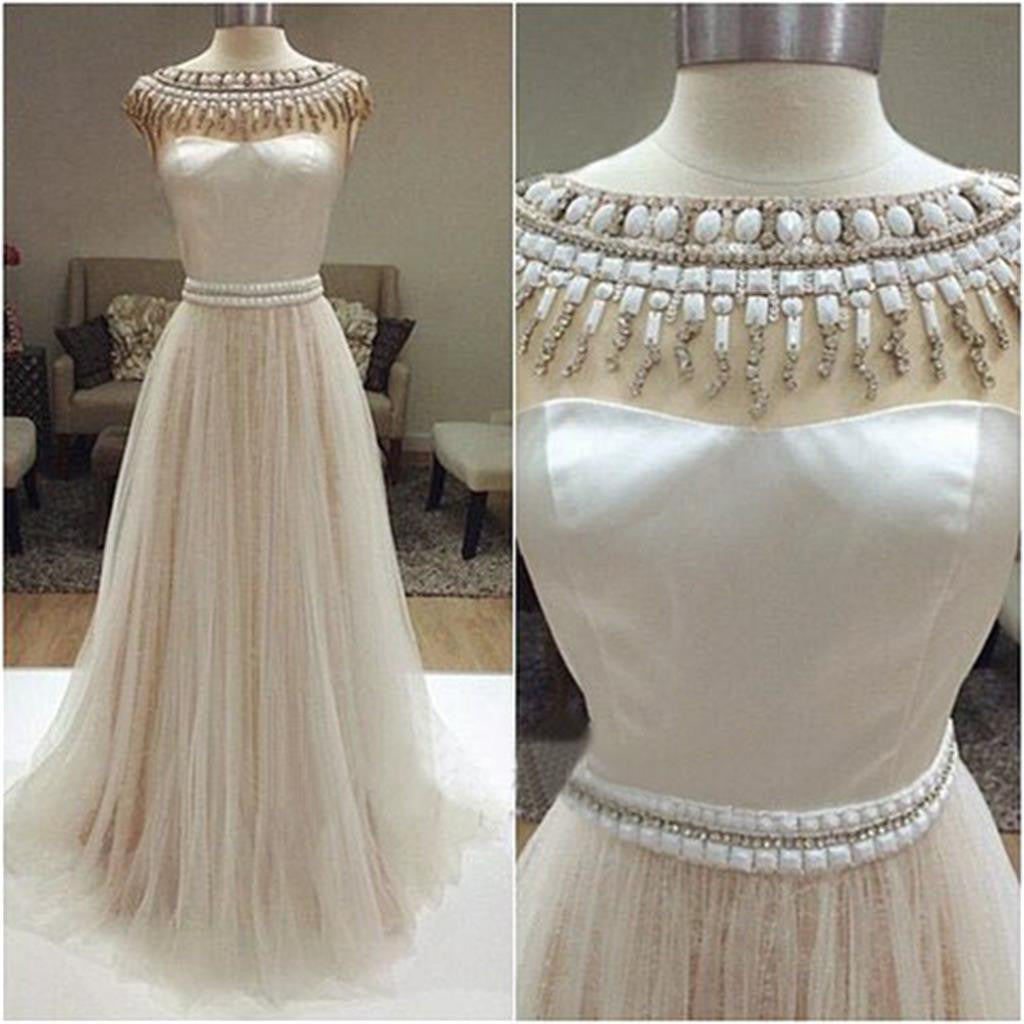 Long Ivory Prom Dresses, Charming Beaded Wedding Dresses, Tulle Prom Dresses, WD0126