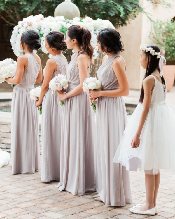 Elegant Pale Grey A-Line Chiffon One Shoulder Sleeveless Bridesmaid Dresses, FC1423