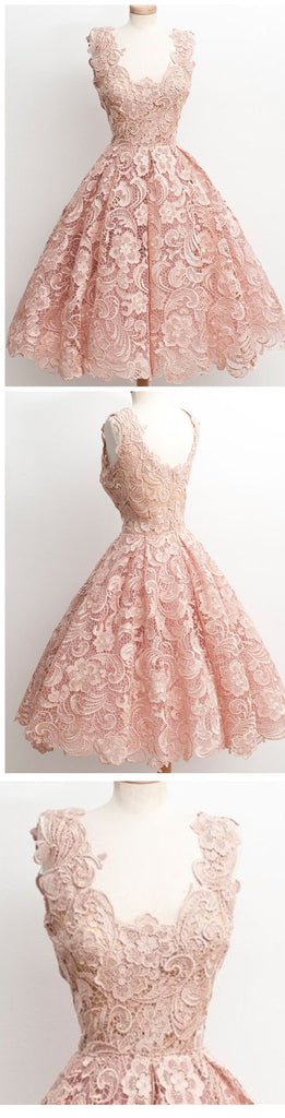 Peach Lace Scoop Neckline Short Cute homecoming prom dresses, CM0009