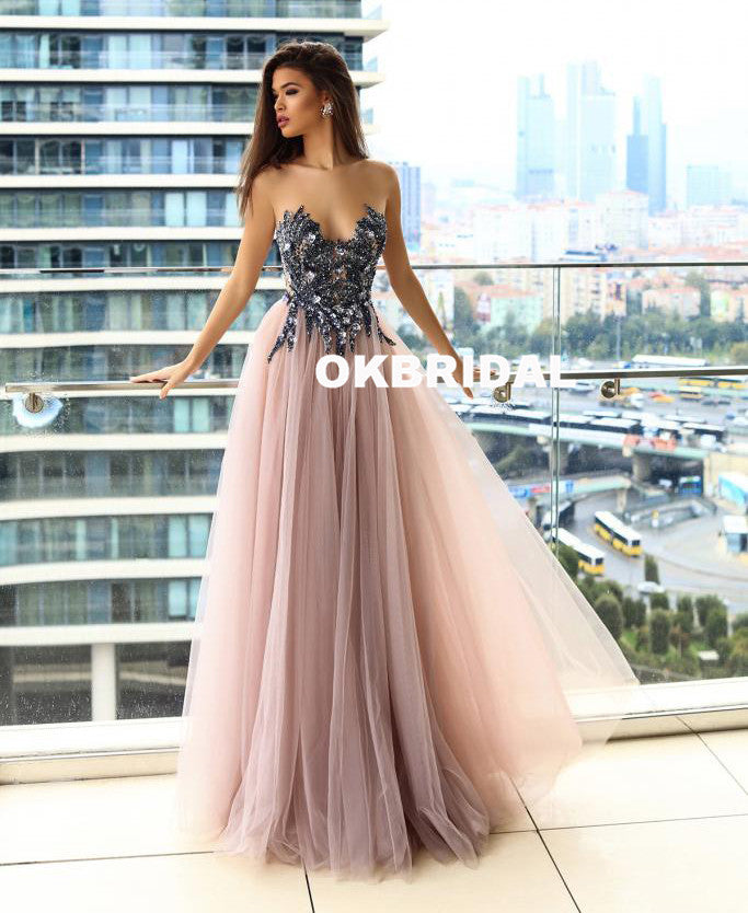 Sparkle Beaded Sleeveless Prom Dresses, Cheap Tulle A-Line Prom Dresses, KX838