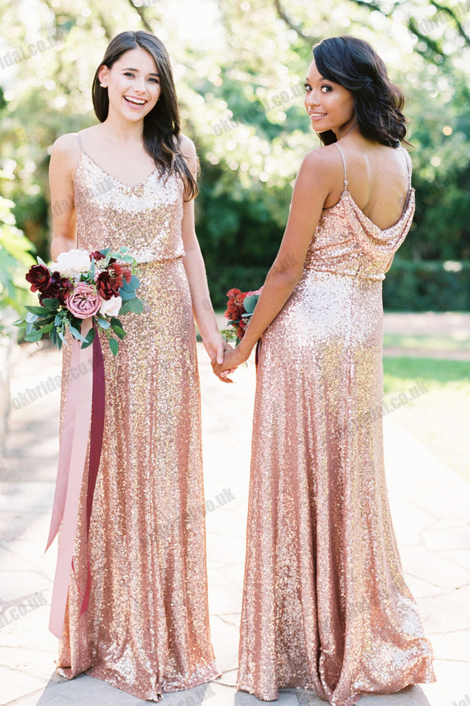 Sparkly A-Line Sequin Backless Spaghetti Straps V-Neck Sleeveless Floor-Length Bridesmaid Dress, FC1492