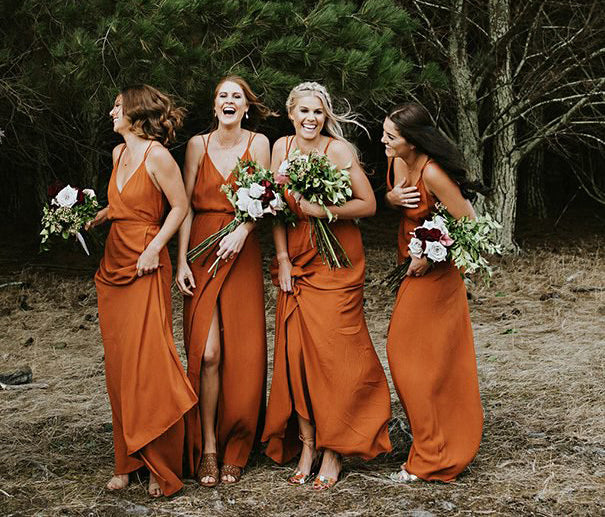 Caramel A-line Spaghetti Straps V-neck Backless Slit Bridesmaid Dress, FC2244