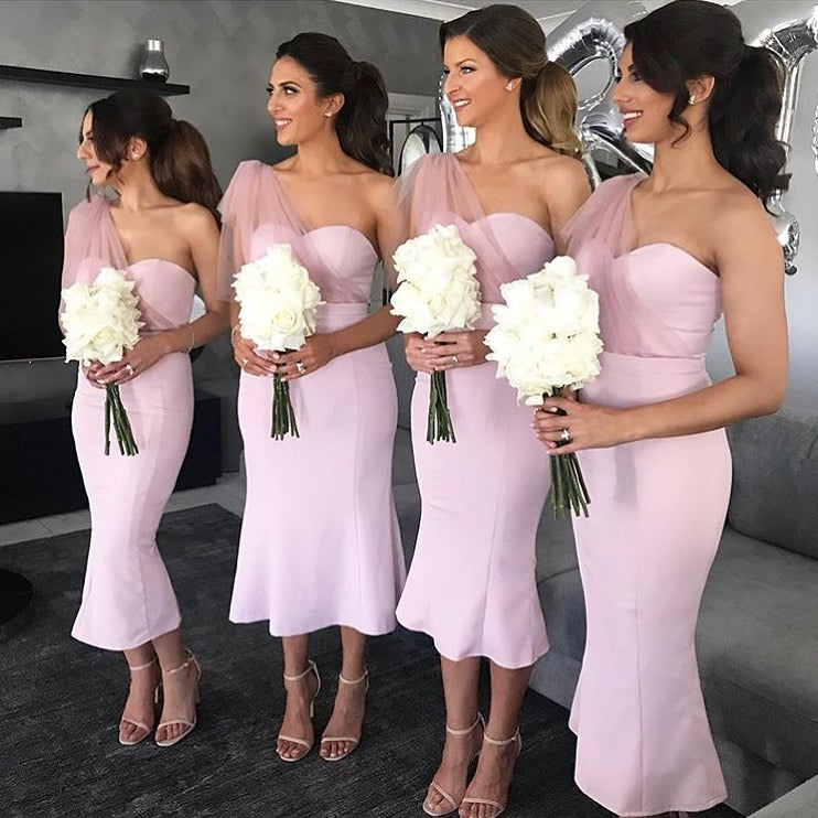 Pink Mermaid One Shoulder Sweetheart Tulle Bridesmaid Dress, FC3895