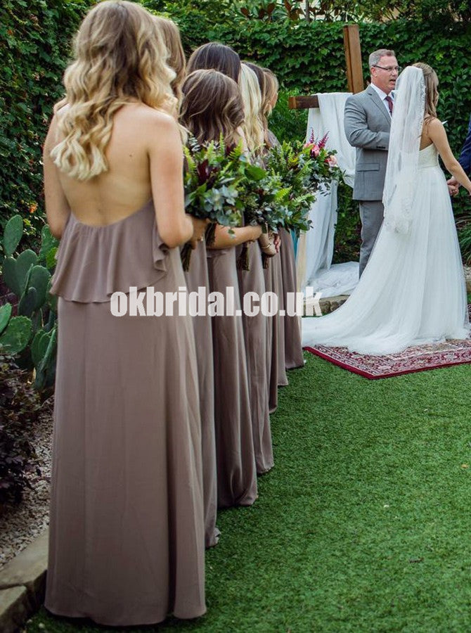 Newest Cheap Halter Chiffon Bridesmaid Dresses, Backless Sheath Long Bridesmaid Dresses, KX1102