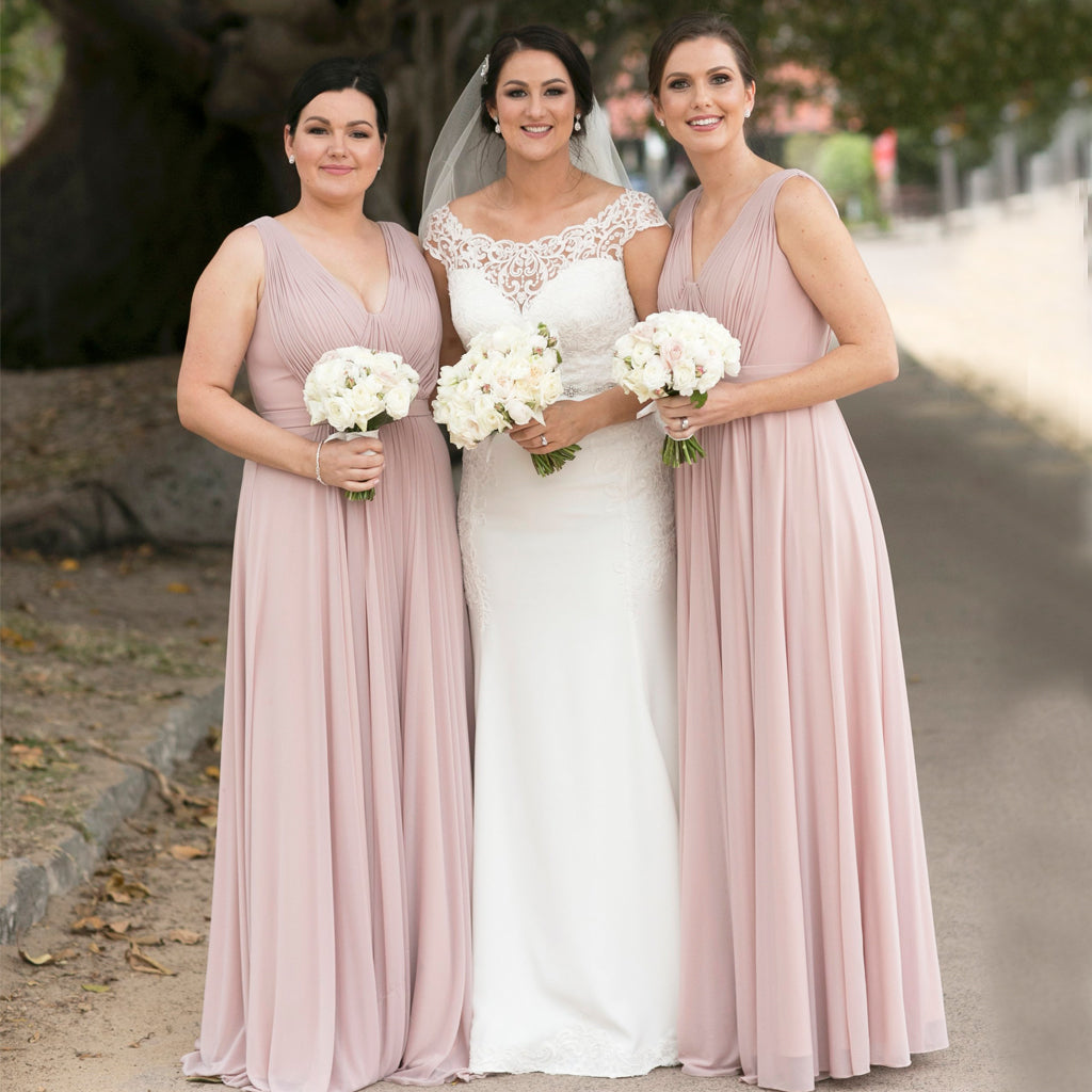 Long Chiffon V-Neck Sleeveless Bridesmaid Dress, A-Line Cheap Pink Bridesmaid Dress, KX1382