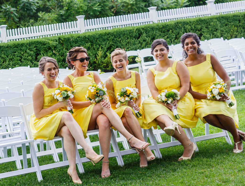 Short Yellow Knee-Length Bridesmaid Dress, Sleeveless Satin Backless Bridesmaid Dress, KX1393