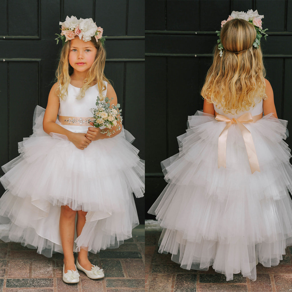 High-Low Tulle Round Neckline Flower Girl Dresses, Popular Little Girl Dresses, KX1144