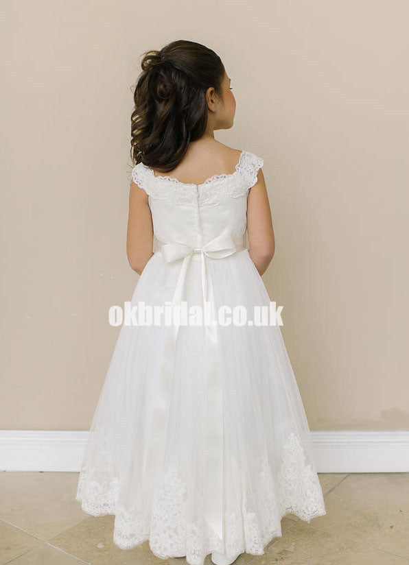 Lace Tulle Zip Up Flower Girl Dresses, Lovely Little Girl Dresses with Handmade Flower, KX1149