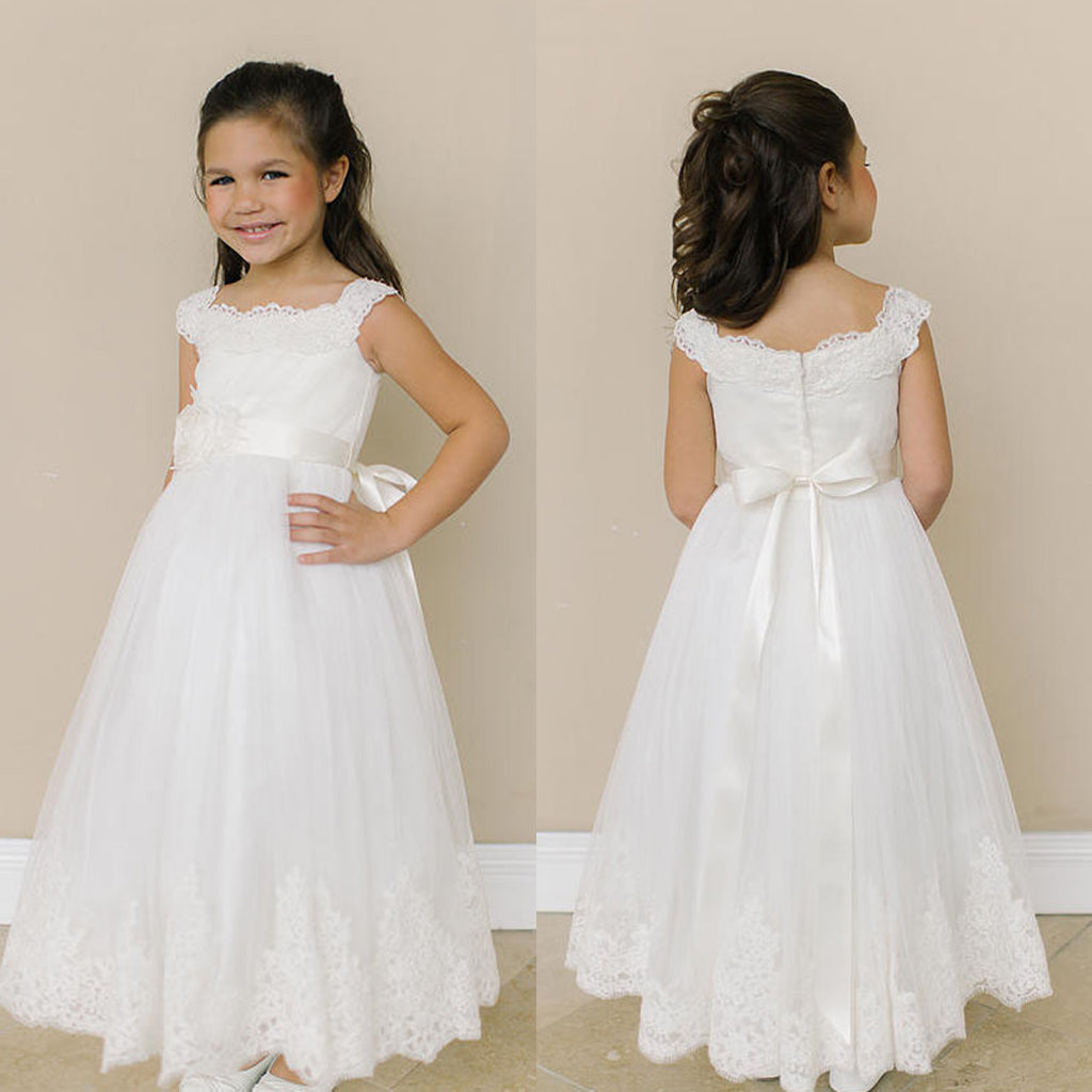 Lace Tulle Zip Up Flower Girl Dresses, Lovely Little Girl Dresses with Handmade Flower, KX1149