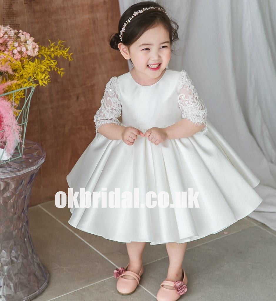 Half Sleeve Satin Flower Girl Dresses with Bow-Knot, Lace Popular Little Girl Dresses, KX1173