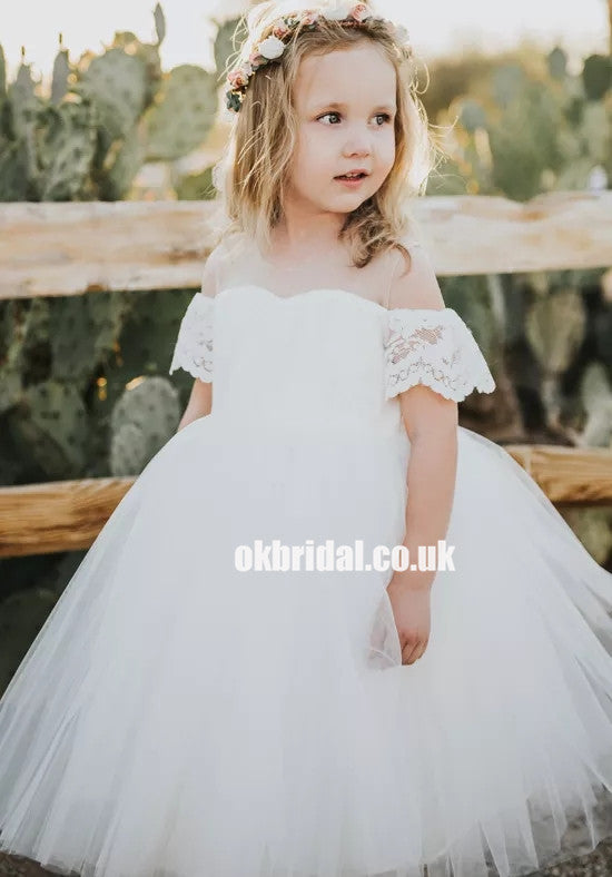 Adorable Tulle Off Shoulder Flower Girl Dresses, Lace Little Girl Dresses, KX1235