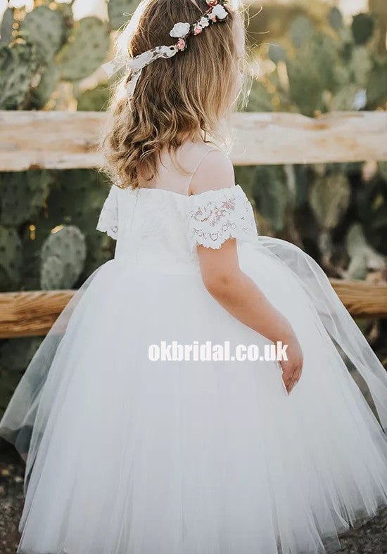 Adorable Tulle Off Shoulder Flower Girl Dresses, Lace Little Girl Dresses, KX1235