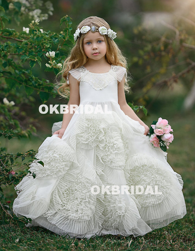 Cute Tulle Flower Girl Dresses, Beaded Round Neckline Popular Little Girl Dresses, KX988